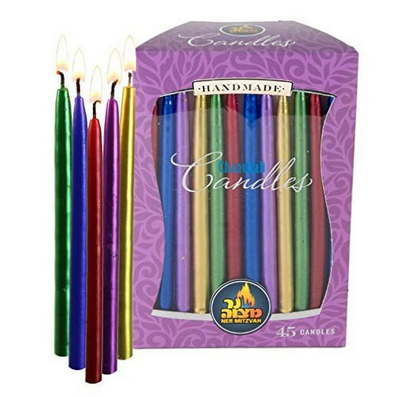 Ner Mitzvah, Colorful, Handmade Metallic Hanukkah Menorah And Birthday Candles - Standard Size (45 Pack)