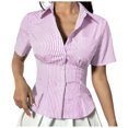 thumbnail image 2 of Rezuofi 1 Pcs Womens Button Down Shirts Short Cap Sleeve Summer Cotton V Neck Collared Stripes Blouses Casual Plaid Tops, 2 of 9