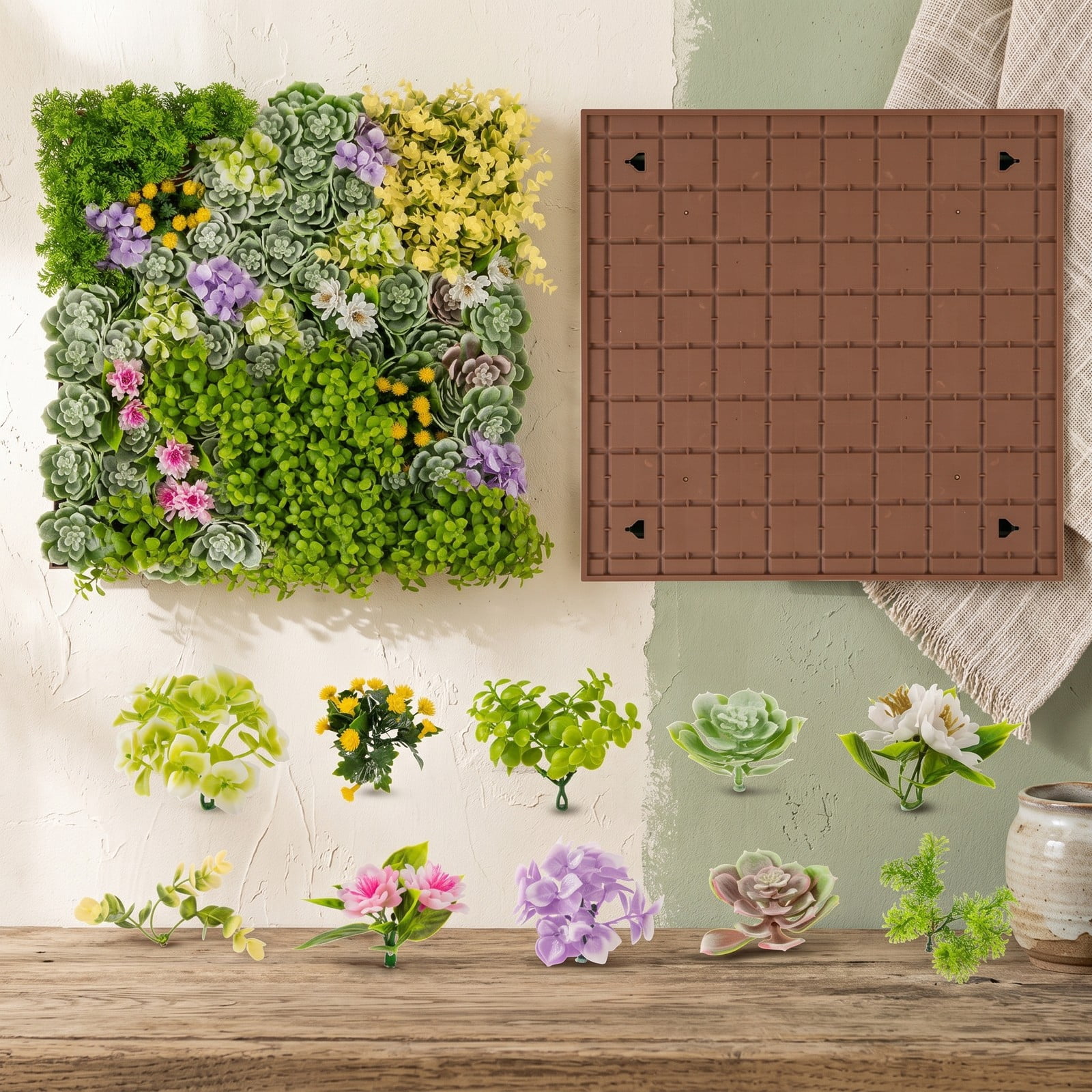ALPULON 20 x 20 3D Artificial Greenery Panel, Hanging Succulents Faux Plant Wall with 10 Types of Mixed Greenery for Balcony Home Office Indoor, Green and Brown