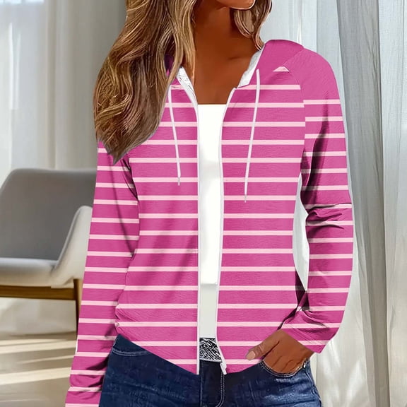 Uootdi Color Block Zip Up Drawstring Hoodies for Women Striped Casual Loose Fit Long Sleeve Sweatshirt Jacket with Pockets
