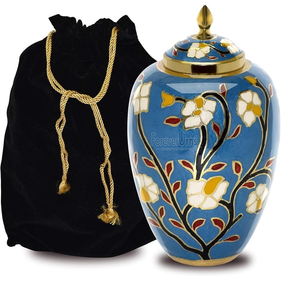 Cremation Urn for Ashes- Pine Green Garden With Yellow Leaf Cremation Urn for Human Ashes - Completely Handcrafted with Volume 200 Cu. in. with Velvet Protection Bag. (Blue With White Leaf)