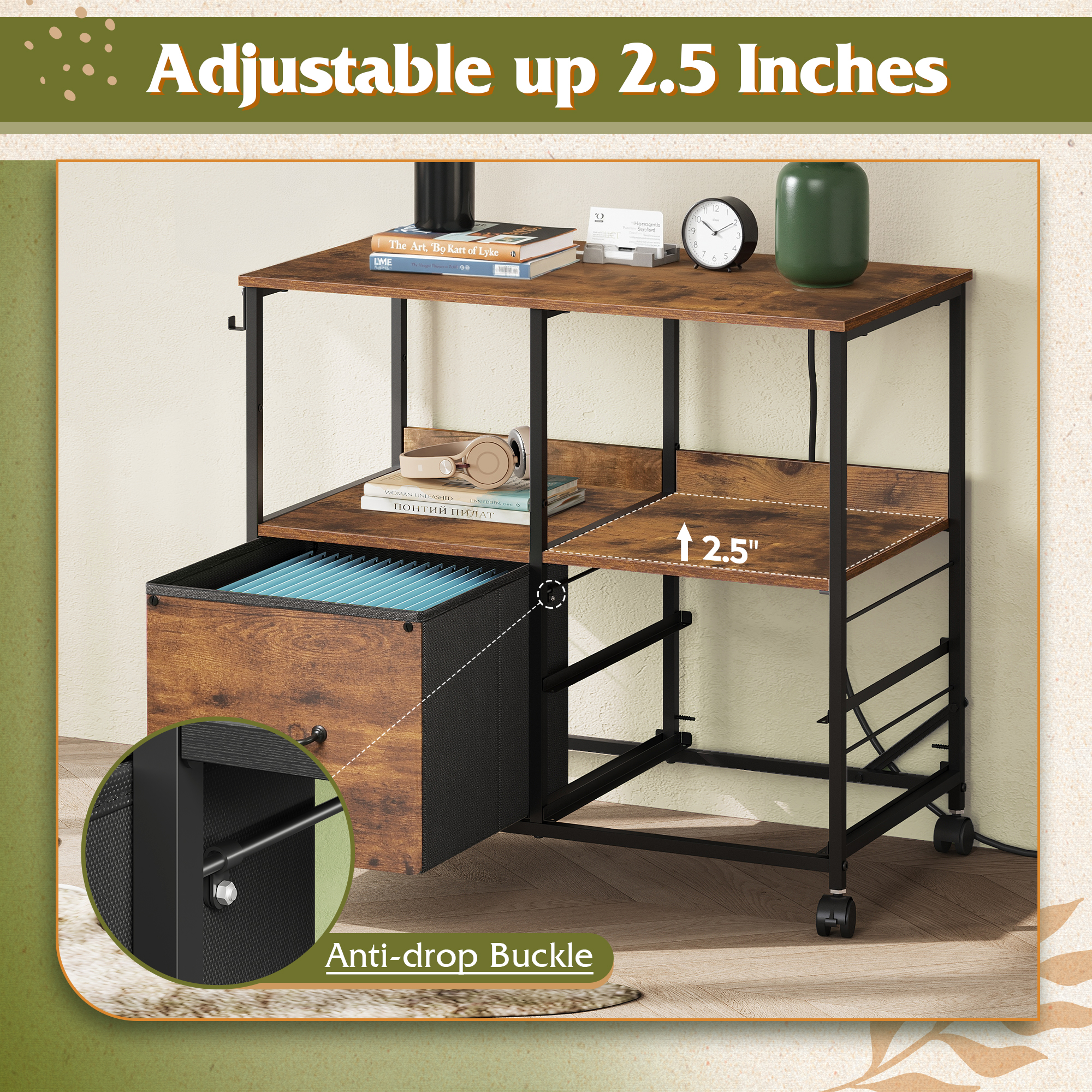 GALAXHERO 3 Drawer File Cabinet with Charging Station, Mobile Printer Stand with Storage Shelves, Filing Cabinet Furniture for Home Office, Fits Letter/A4, Rustic Brown