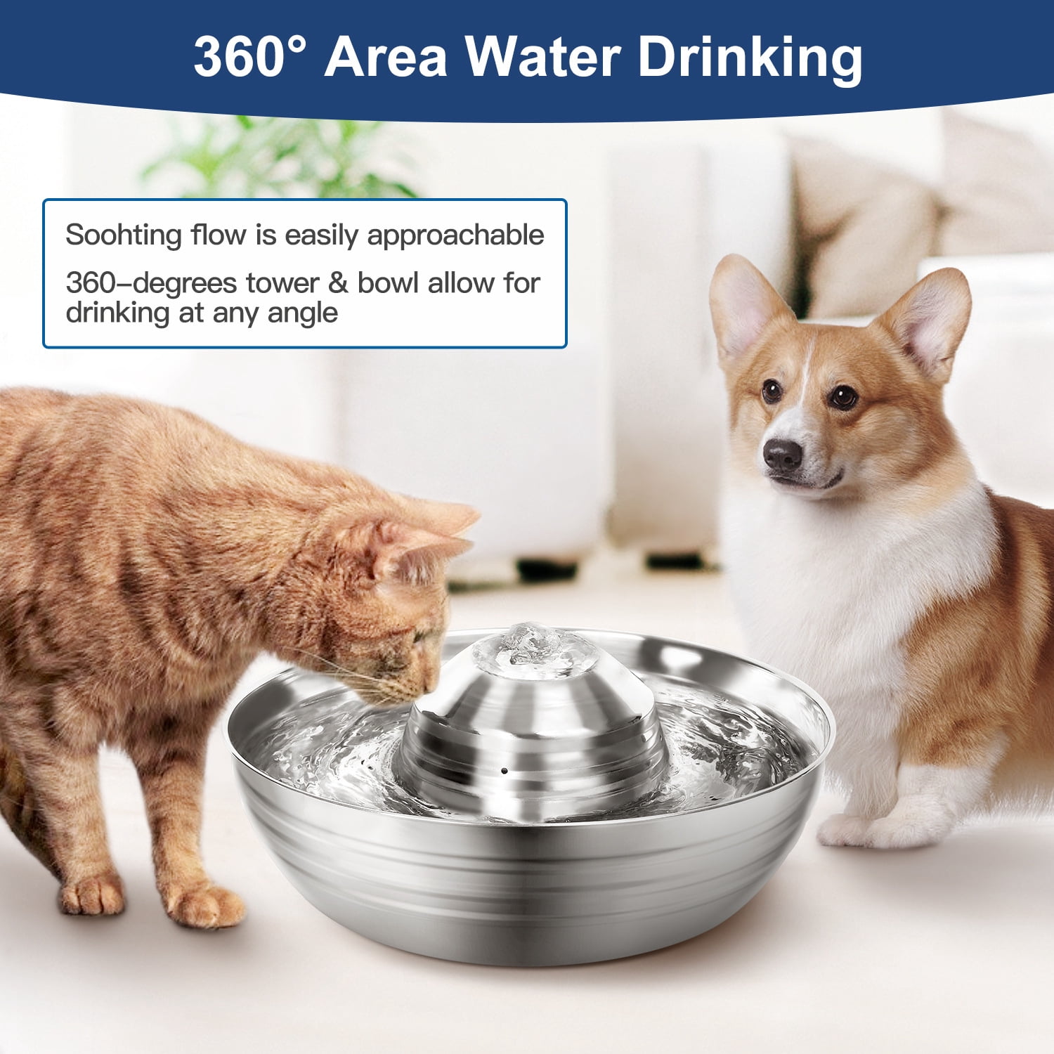 Petavista Stainless Steel Cat Water Fountain 2L/67oz Pet Water Dispenser with Quiet Pump and Multi-Filtration Pet Drinking Fountain for Cats and Dogs