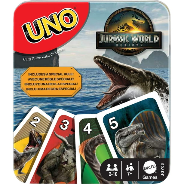 Juego de cartas Mattel Games UNO Jurassic World Rebirth en lata
