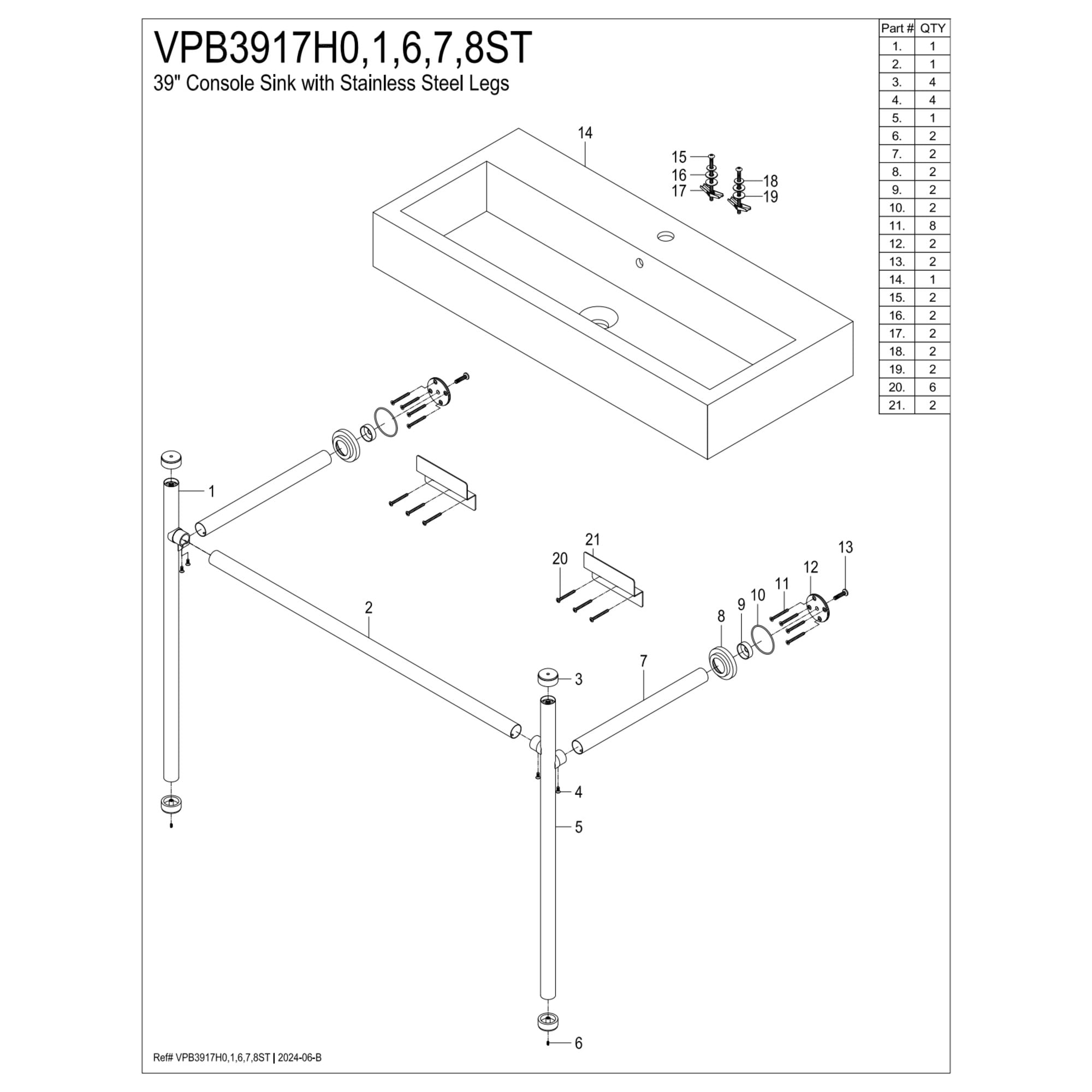 Kingston Brass VPB3917H6ST New Haven 39" Porcelain Console Sink with Stainless Steel Legs, White/Polished Nickel
