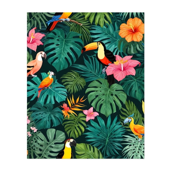 Tropical Paradise Jungle Pattern - India Illustration Tropical Jungle Bird Pattern Floral Animal Botanical Unframed Wall Art Print 8 x 10 inches