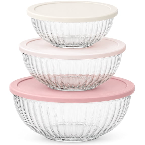 TINANA Glass Mixing Bowls with Lids, 6 Piece Nesting Bowl Set, 3.5, 2 and 1 Qt for Baking, Food Prep, Serving and Storage, Color