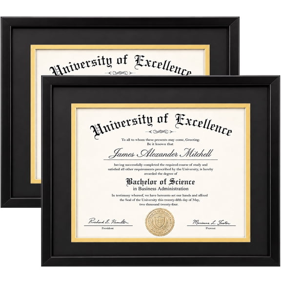 AEVETE 11x14 Diploma Frame with Support 8.5 x 11 Certificate Degree  Document Frame for Wall and Tabletop, Black Double Mat, 2 Pack