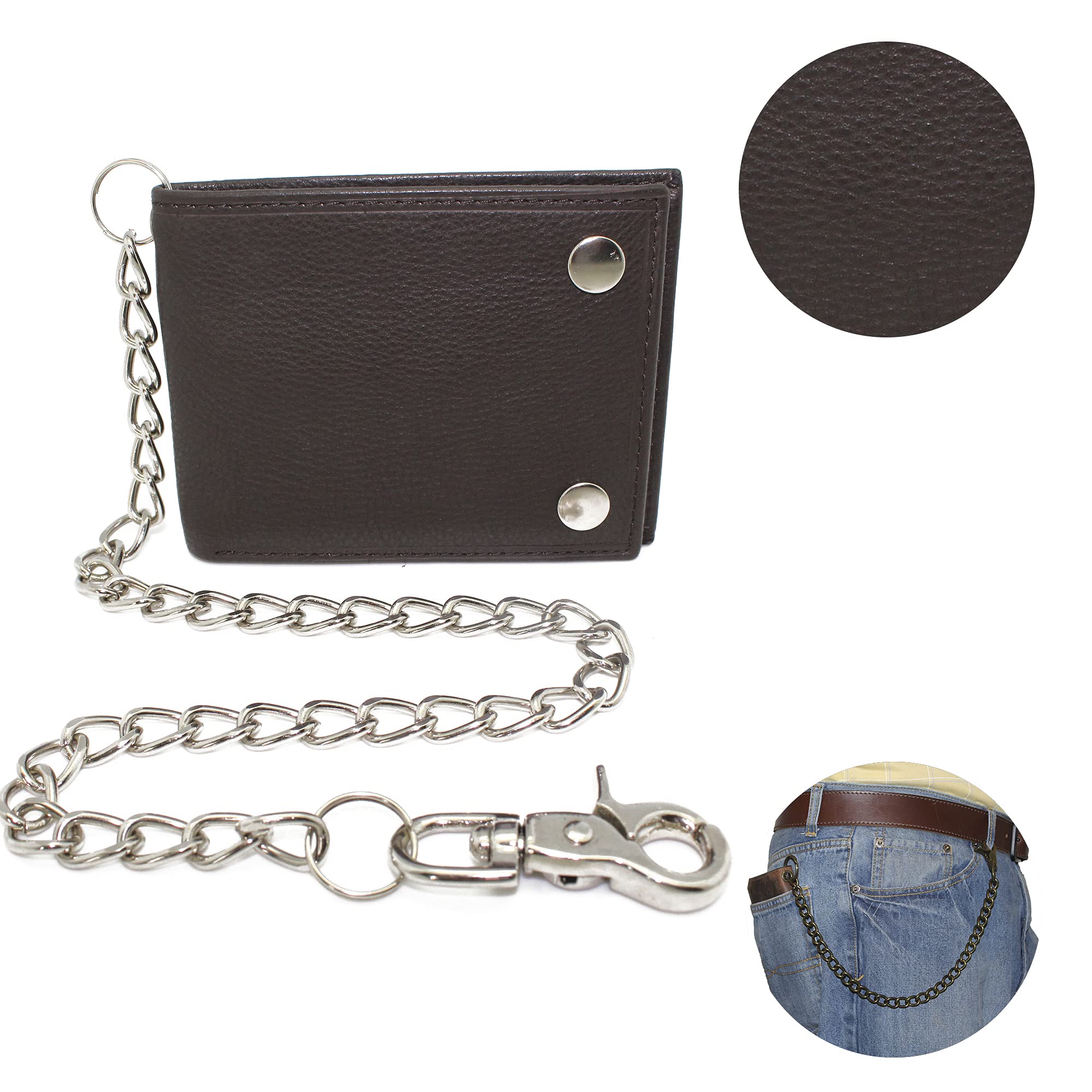 RFID safe Leather Bifold Chain Wallet for Men Snap Closed Crazy