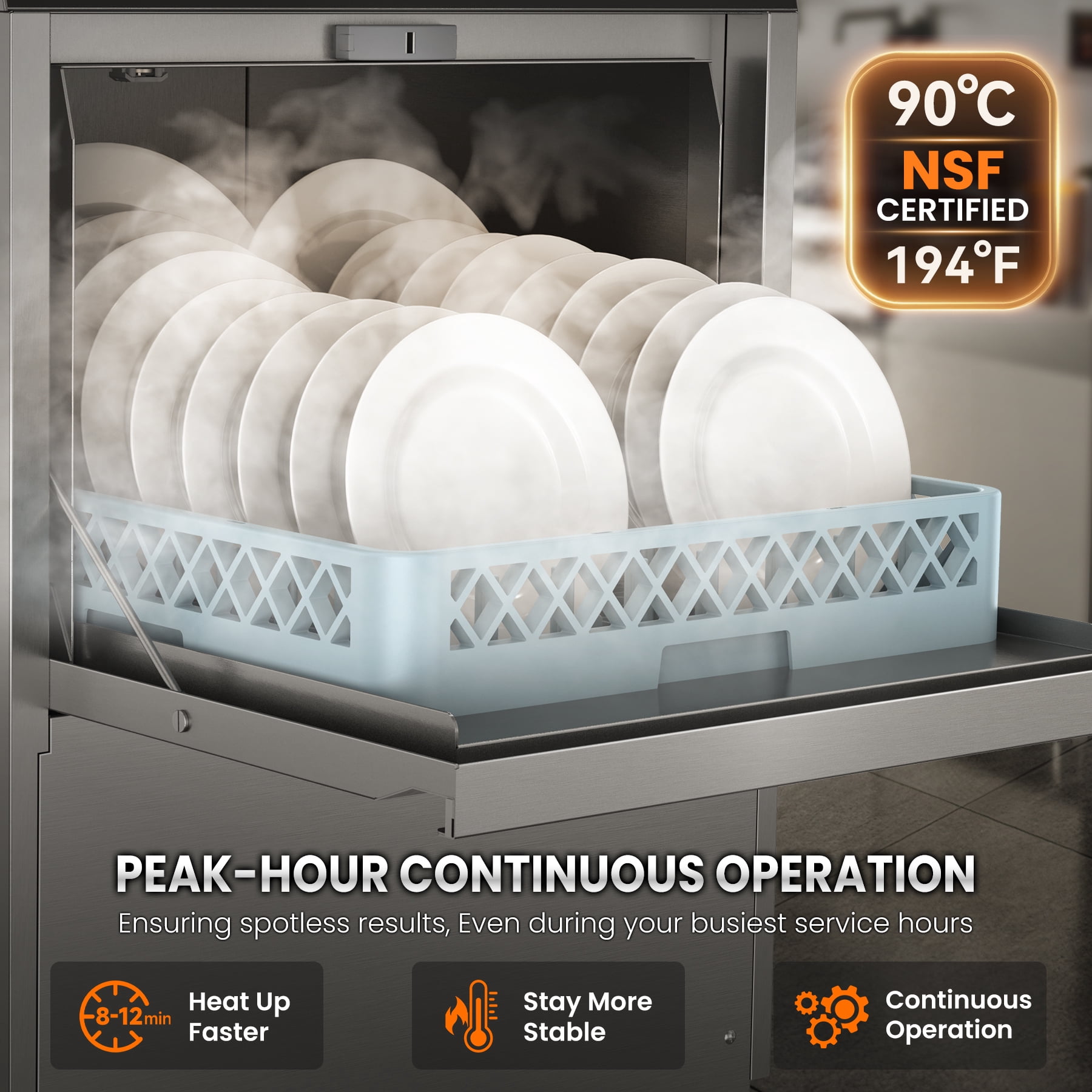 RIOXC Commercial Dishwasher, High-Temp Undercounter Dishwasher, 40 Racks/Hr, 208-240V, Stainless Steel, NSF & ETL Certified for Restaurant, Bar & Café