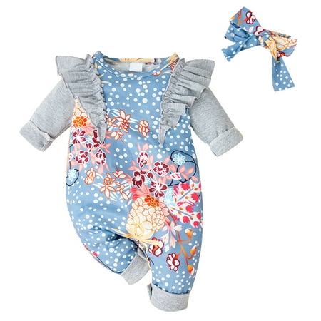 

Newborn Baby Girl Romper Clothes Infant Girl Outfits Long Sleeves Jumpsuit Floral Print Headband 2PCS One Piece Clothing Blue 3-6 Months