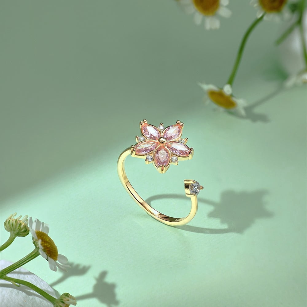 925 Sterling Silver Open Finger Rings with Cubic Zirconia for Women Peach Flower Anxiety Worry Fidget Spinner Ring Real 18K golden Plated 1.5mm Size 7(17.3mm)