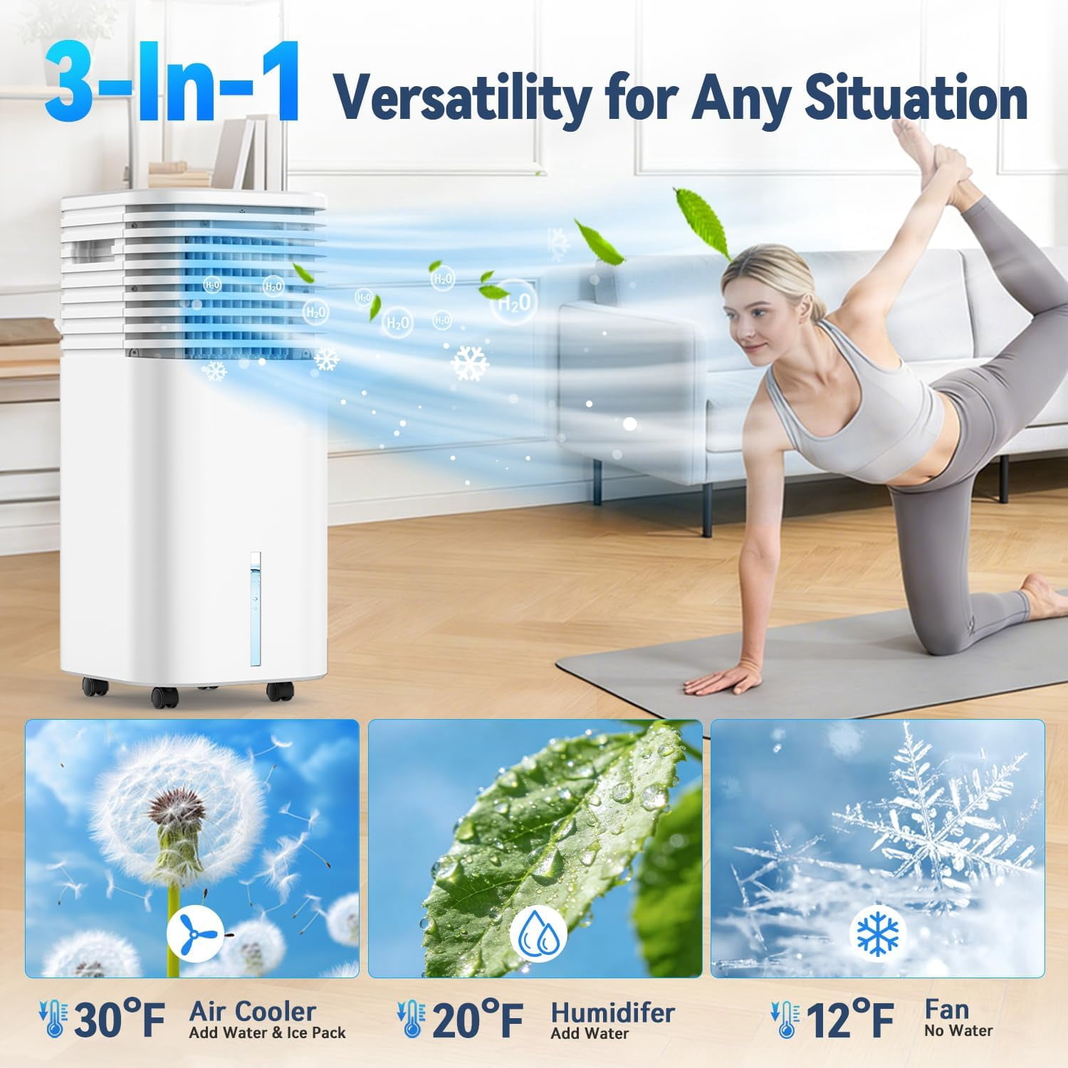 Windowless Air Conditioner Portable 1800CFM w/4 Modes&3 Speeds, 15H Timer&20 FT Remote, 3 Gal Tank for 24H Cooling Swamp Cooler, 4 Ice Packs, 120° Swing Evaporative Air Cooler for Room Indoor