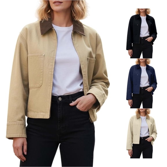 Jane Wardrobe Contrast Collar Cotton Blend Cropped Jacket for Women, Full Zip Long Sleeve with Pockets, Casual Fall Fashion Outerwear, 1 Piece, S-XL