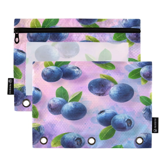 2 Pack 3 Ring Binder Pouch with Clear PVC Window Water Resistant Zipper Pencil Pouch Blueberries Pattern Binder Pocket for Classroom Office Home Stationery Organization