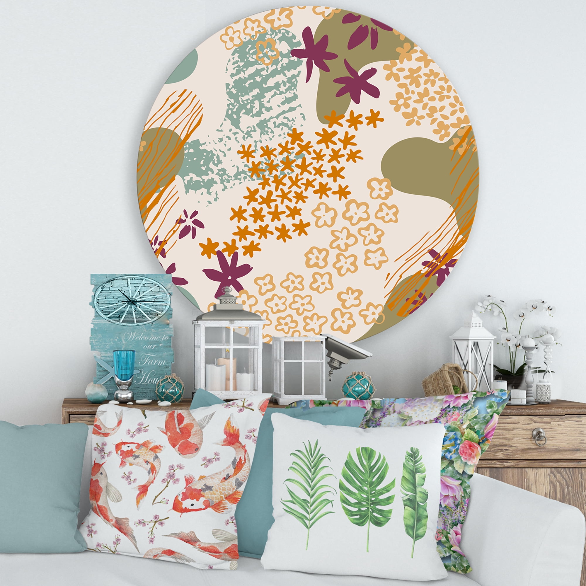 Designart 'Fluid Shapes and Flowers Silhouettes' Modern Circle Metal Wall Art 36x36 - Disc of 36