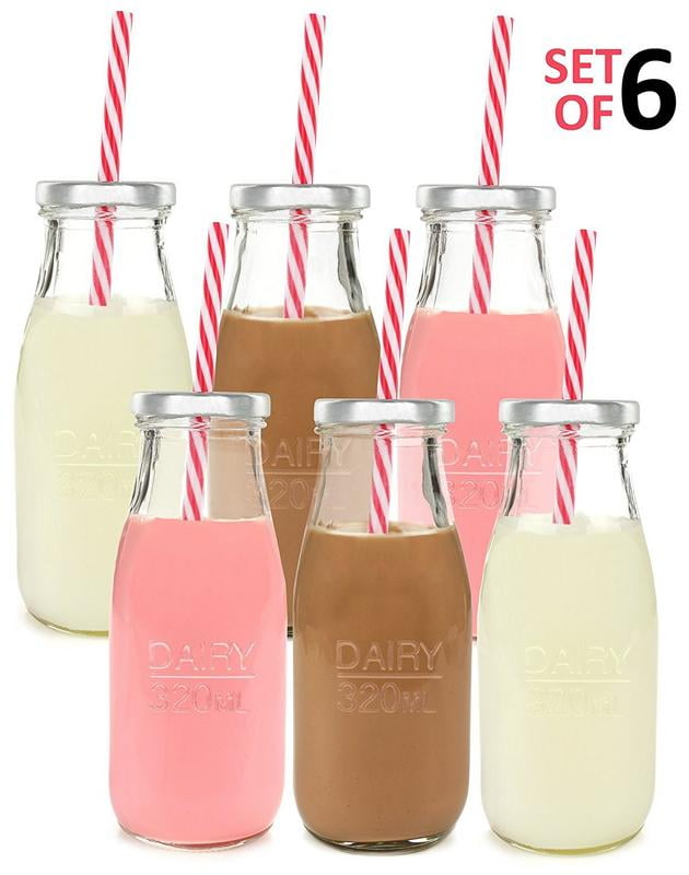 Clear Estilo Dairy Reusable Glass Milk Bottles with Straws and Metal Screw on Lids 10.5 oz Set of 6 