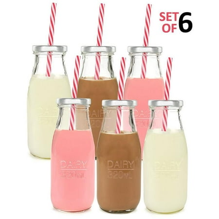 Estilo Dairy Reusable Glass Milk Bottles With Straws And Metal Screw On Lids, 10.5 oz, Set of