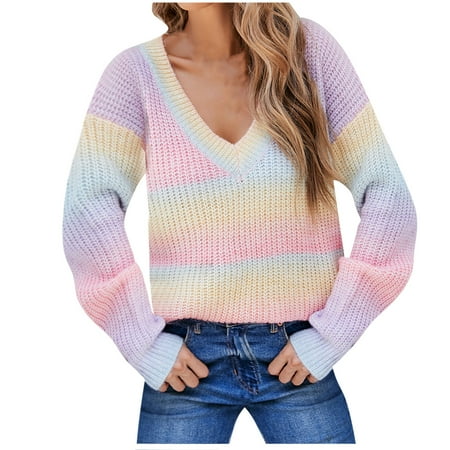 

Moxiu Women Rainbow Tie Dye Sweater Long Sleeve V-Neck Pullover Casual Loose Knit Tops Shirt