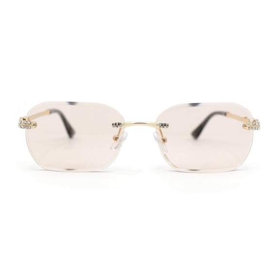 Rhinestone Jewel Stud Metal Rimless Bevel Lens Rectangle Sunglasses Gold - Light Peach