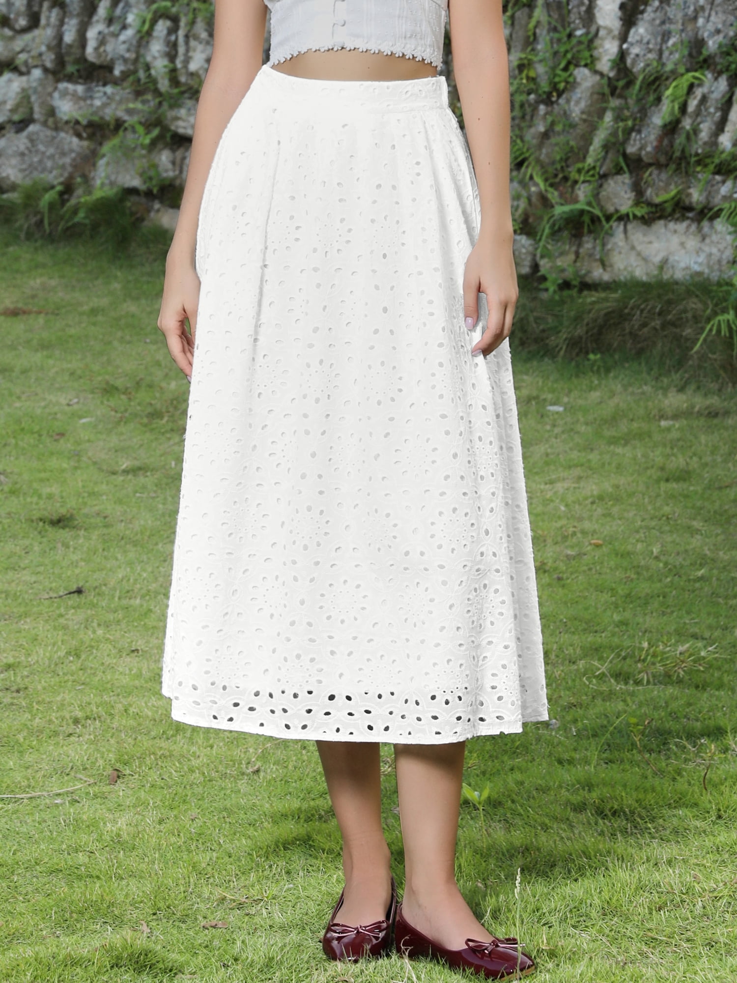 DARING DIVA Women's A Line Flowy Eyelet Midi Skirts Small White