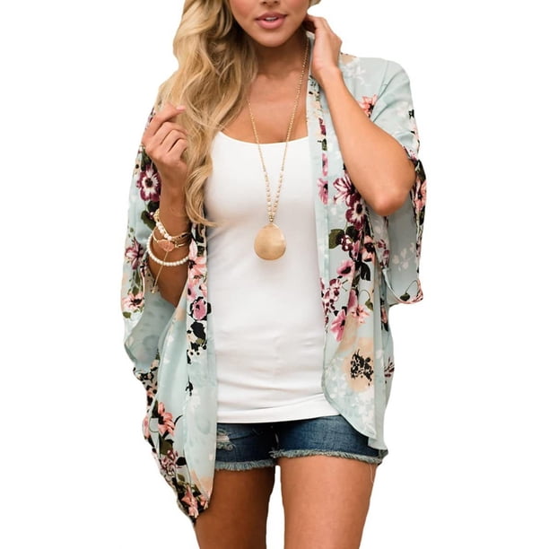 Kimonos con estampado floral de verano para mujer, cárdigan de gasa de media manga suelta, blusas informales para cubrir Ormromra HMYH037-11