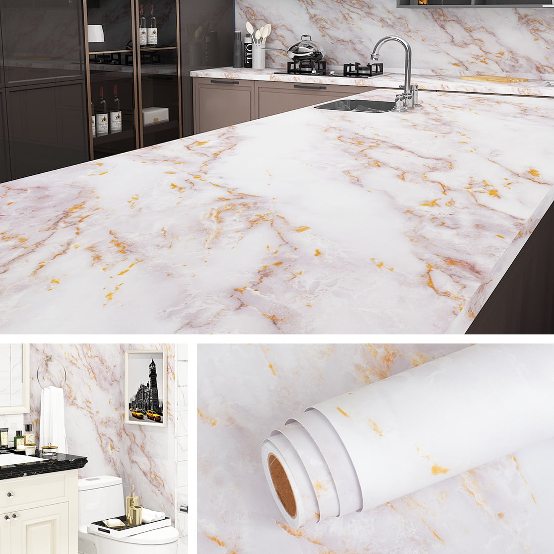 Livelynine 197"×24" Wide Marble Contact Paper White Gold Marble Countertop Adhesive Wallpaper Peel Countertop Kitchen Table Counter Bathroom Waterproof - Walmart.com