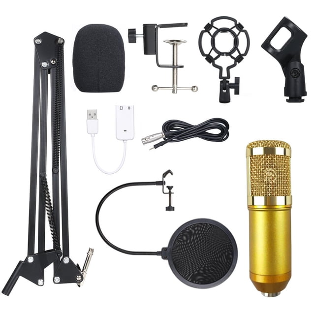 Condenser Microphone Bundle BM-800 Mic Kit with Adjustable Mic Suspension Scissor Arm Shock Mount and Double-Layer Acoustic Filter for Studio Recording & Brocasting (Gold 2)