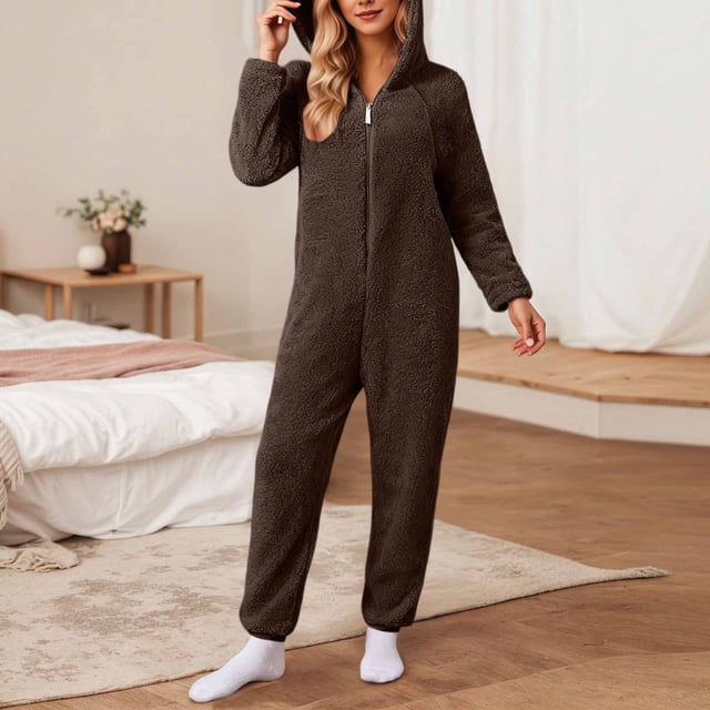 Timegard Combinaisons Grande Taille pour Femmes Automne Hiver en Molleton Doux à Capuche avec Fermeture Éclair, Pyjama Chaud