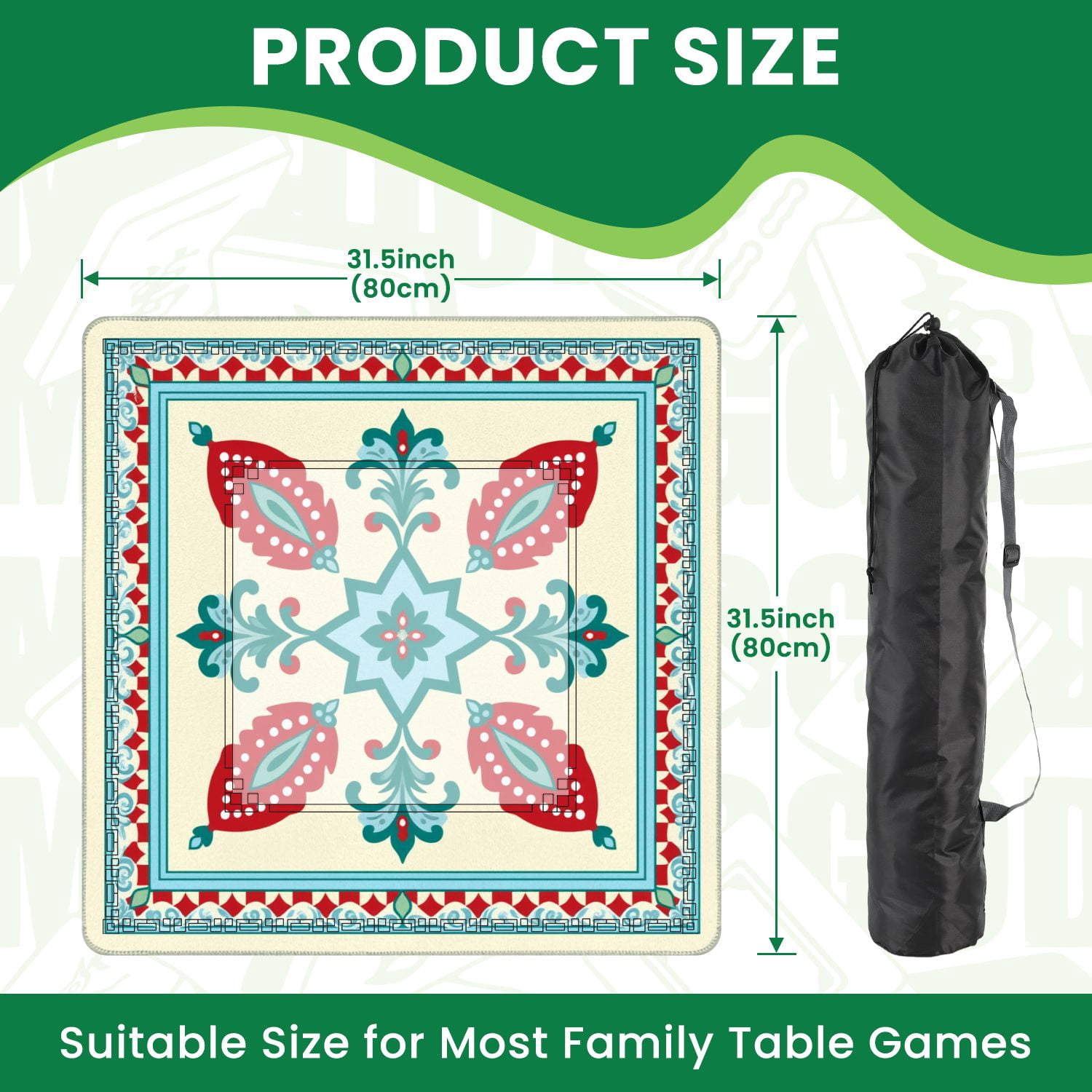 Mahjong Mat 31.5" x 31.5" Turkish Inspired Floral Geometric Red Blue Accents Non-Slip Noise Reduction American Mahjong Tiles Table Cover for Dominoes Poker Card Board Games Gift