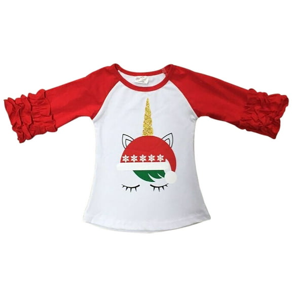 Toddler Girls Glitter Unicorn Christmas Hat Birthday Raglan Blouse Top T-Shirt Tee Red 2T XS (P318528P)