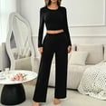 thumbnail image 2 of WRKEKC Winter Lounge Sets for Women Solid Color Crew Neck Crop Long Sleeve Top and Elastic Waist Straight Pants 2 Piece Home Sleepwear Set, 2 of 9