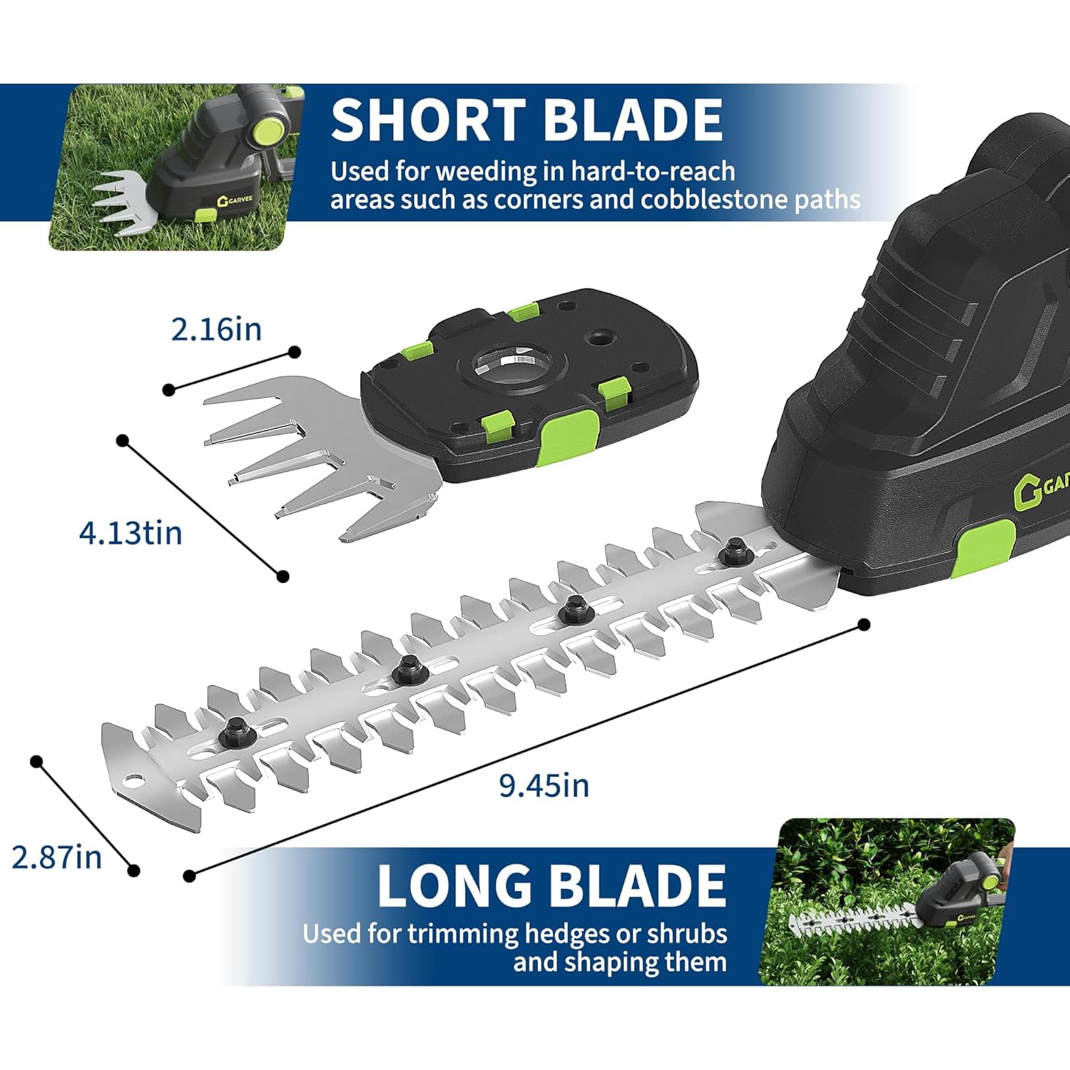 Garvee 2-in-1 Cordless Hedge Trimmer, 20V Lightweight Grass Shears & Hedge Trimmer with 2.0Ah Battery and Charger, Green/Black