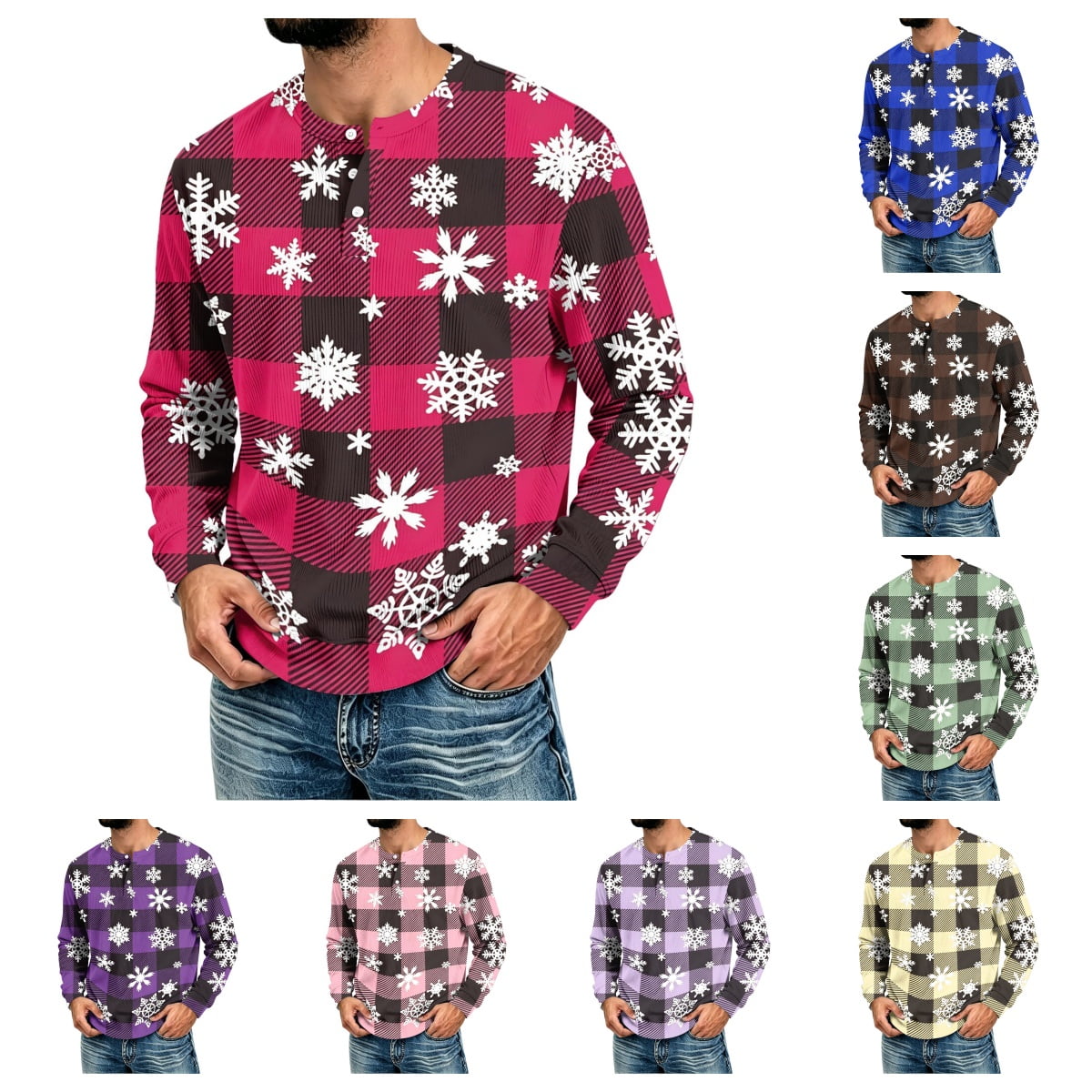 gzxflxpge Mens Christmas Henley Shirt Long Sleeves Crew Neck Button-Up Casual Sweatshirt Funky Snowflakes Graphic Tops Red L
