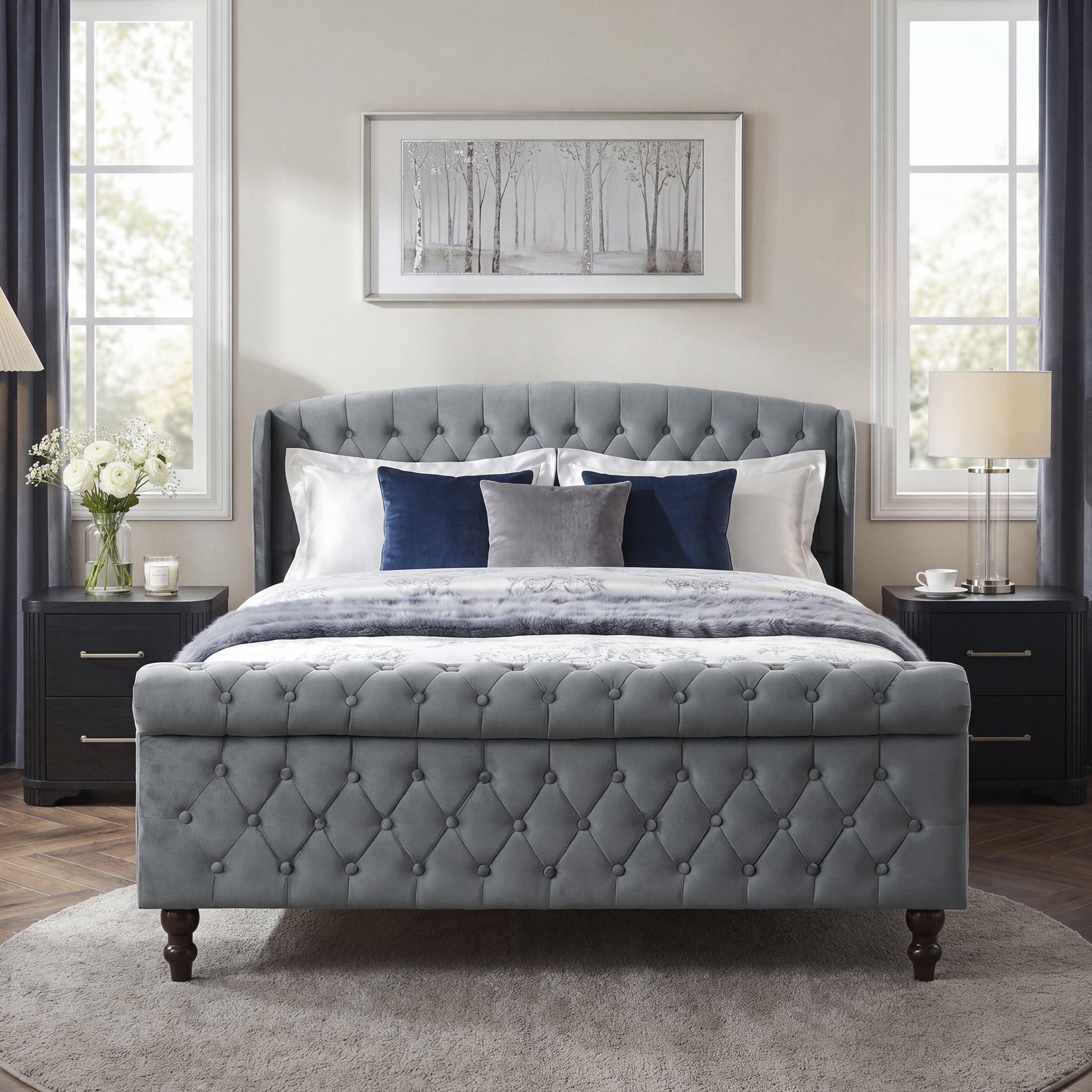 OakvillePark Tova 42"H Velvet Upholstered Platform Bed, Queen, Dark Gray