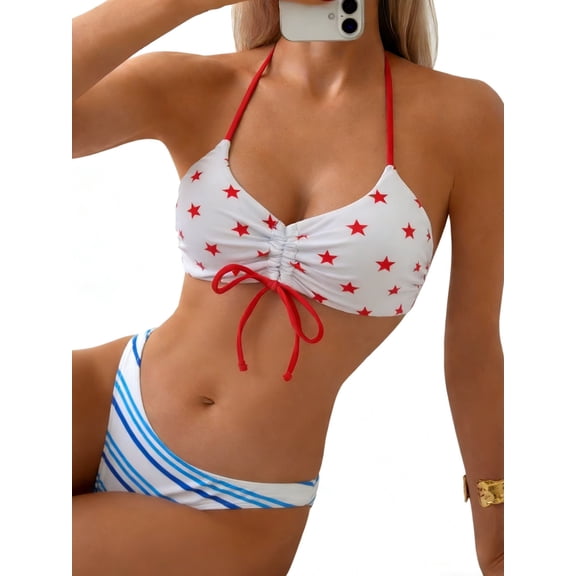 Top-kevin Women Bikini Sets Criss Cross Back Bathing Suit Knot Front Two Piece Swimwear Thong Cheeky Swimsuit Set