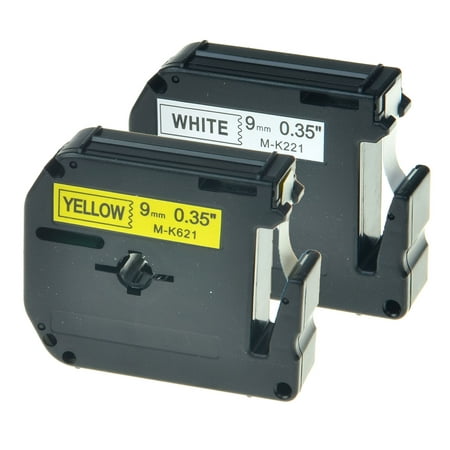 GREENCYCLE 2PK 9mm 8m Black on White/Yellow Label Tape for Brother MK M-K M MK221 MK621 P-touch