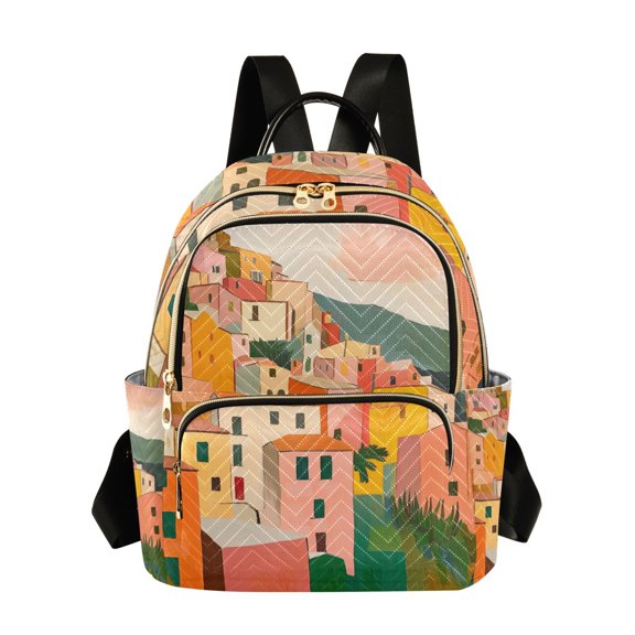 FORMRS Mini Backpack Purse for Women Quilted Travel Daypack Casual Shoulder Bag, Pink Cityscape Painting