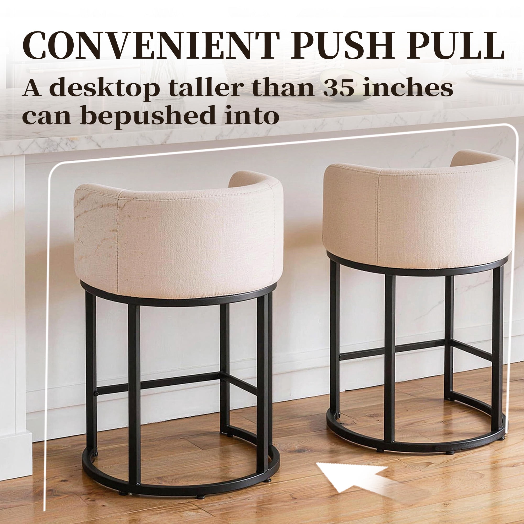 CRERIYO 26" Counter Height Bar Stools Set of 2, Fabric Upholstered Modern Barrel Bar Chairs with Metal Frame, Beige