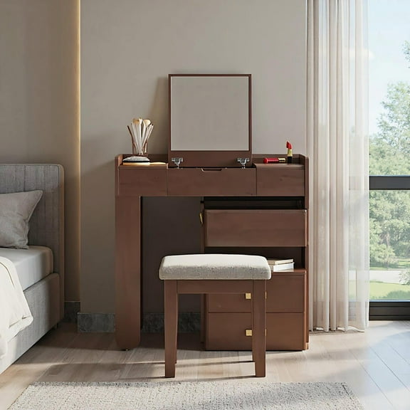 Resenkos 3-in-1 Makeup Vanity Desk with Flip-Top Mirror & LED Lighting, Stylish Multi-Functional Dressing Table - Brown