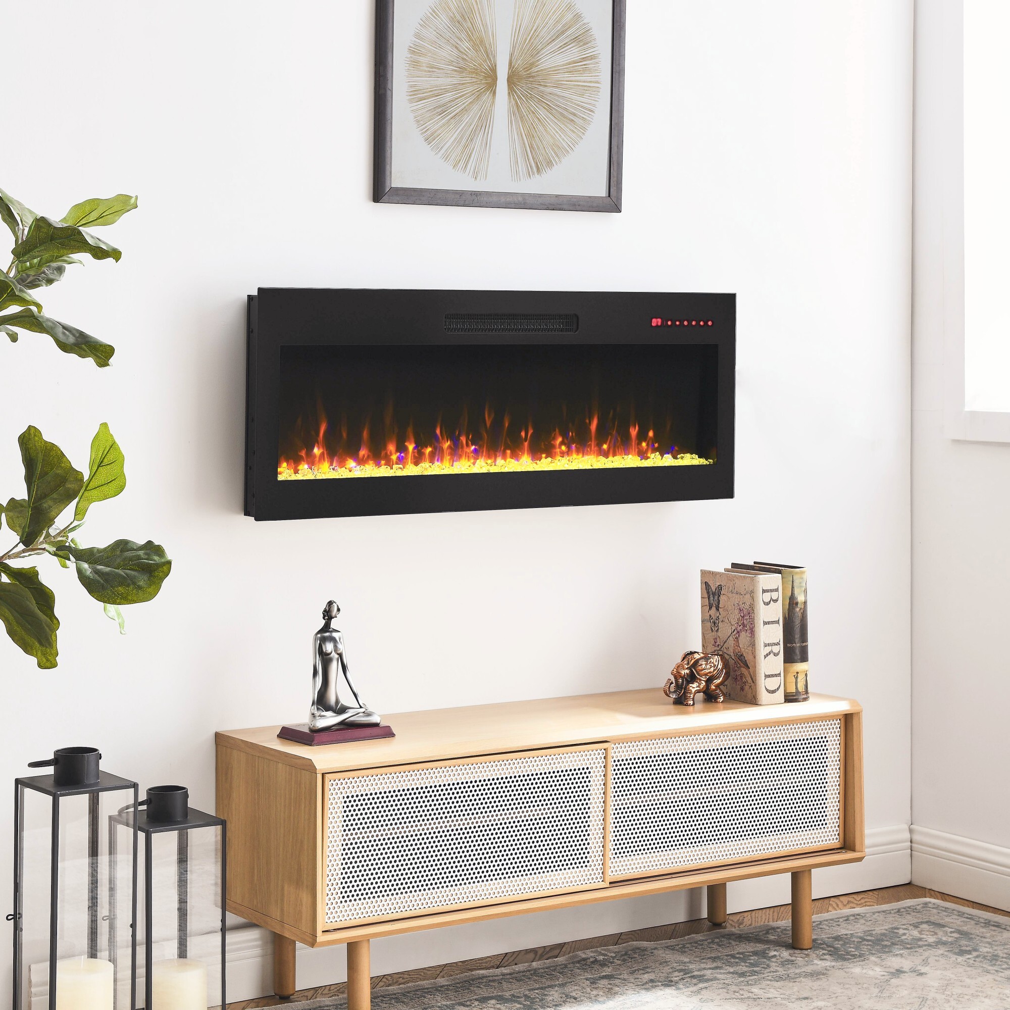 AENKYO 42'' Electric Fireplace with 3D Flame, 16 Colors, Remote Control, Wall Mount/Recessed/Freestanding, Black