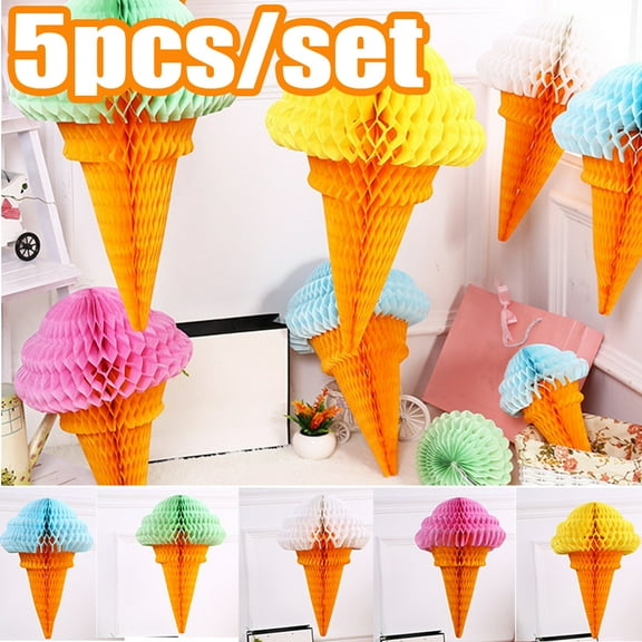 Cheers.US 5 Pcs/Set Tissue Ice Cream Honeycomb Ball Tissue Paper Sundae Table Centerpiece Ice Cream Party Decorations for Themed Ice Cream Sundae Theme Party Supplies