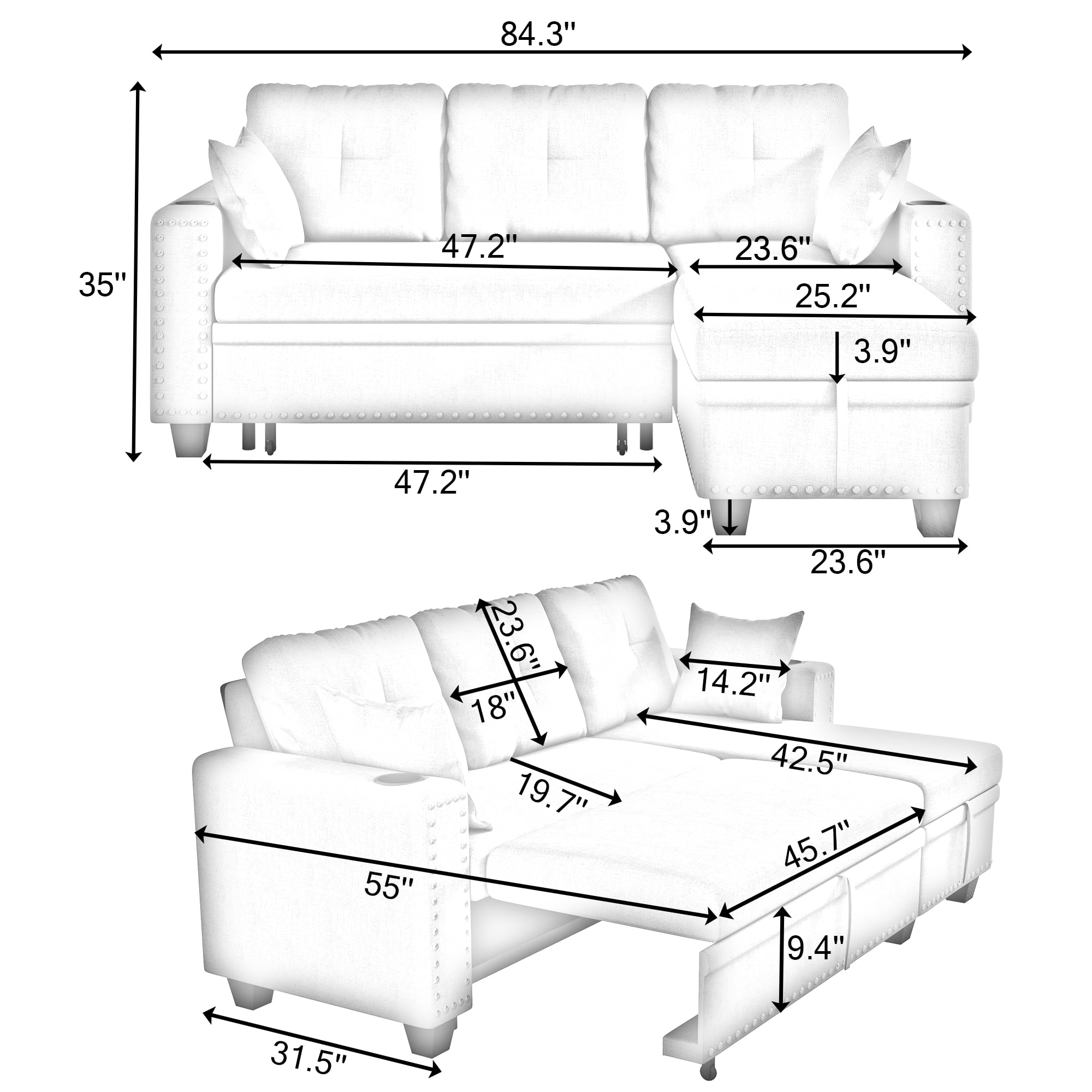 Leumius L-Shape Sleeper Sofa Bed,Modern Large Full Size Pull Out Sectional Couch with Storage, Futon Sofa Bed Sectional Sofa for Living Room,Apartment, Bedroom,Office,Dark Grey