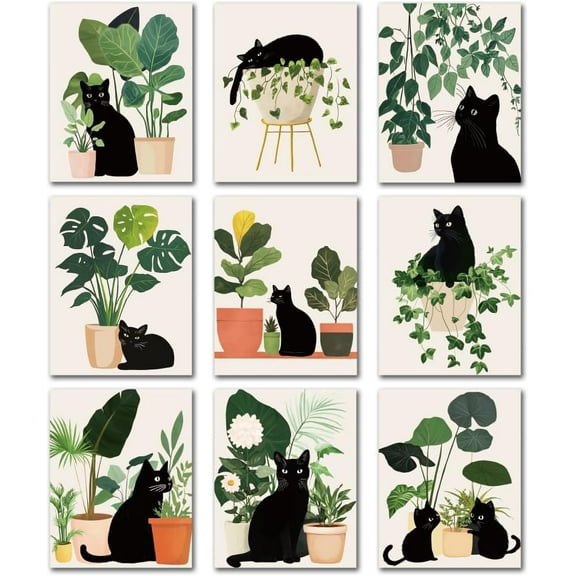 9 Pack Black Cat Potted Plant Unframed Waterproof Canvas Wall Art Decor Boho Cat Leaf 8" x 10" Minimalis Botanical Canvas Wall Poster for Home Office Bathrooms Bedrooms Living Room Decor