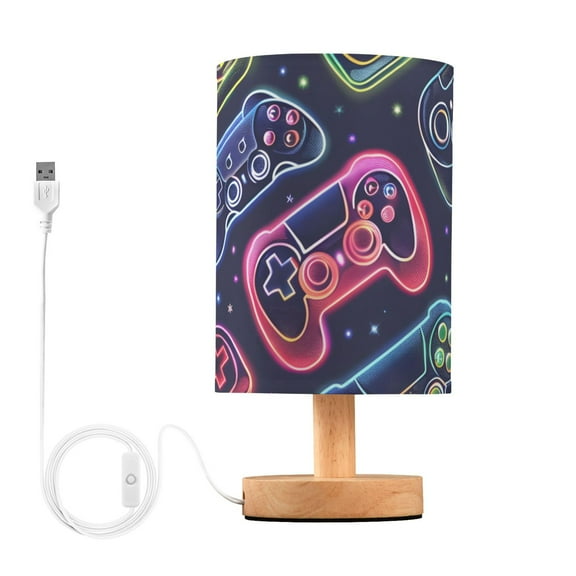 Neon Gaming Joystick Bedside Desk Lamp LED Table Nightstand Lamps Warm Light Fabric Lampshade for Home Bedroom Office Living Room Decor