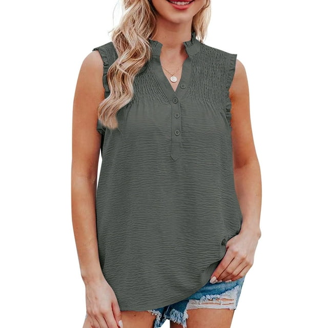 Blouse Sans Manches pour Femmes à Volants, Gilet à Boutons à Col en V, Hauts Décontractés
