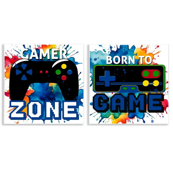 Stupell Industries Gamer Zone on Splash Quotes and Sayings Painting Unframed Art Print Wall Art, 12 x 12, Set of 2