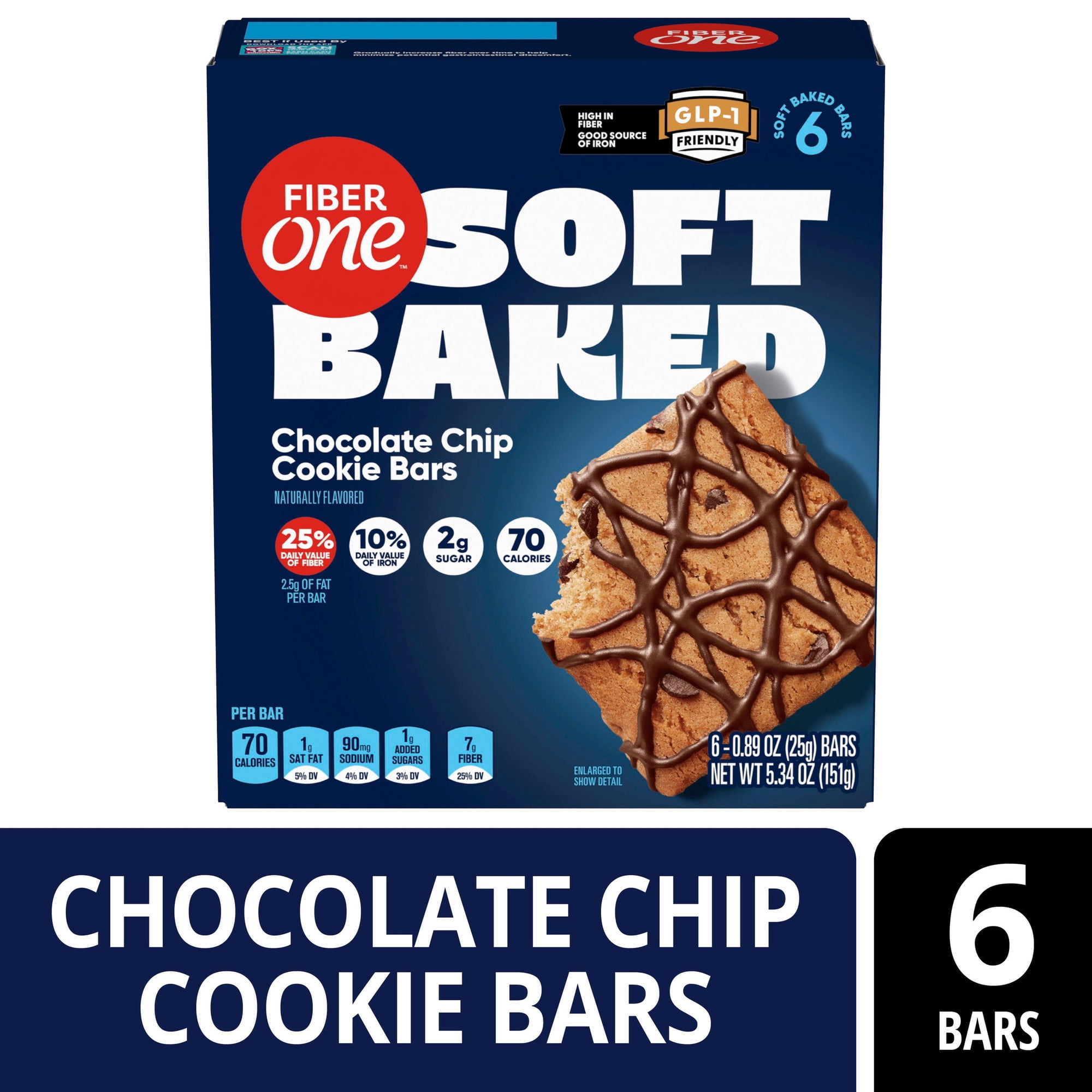 Fiber One Soft Baked Chocolate Chip Cookie Bars, Fiber Snacks, 6 Ct, 5.34 oz