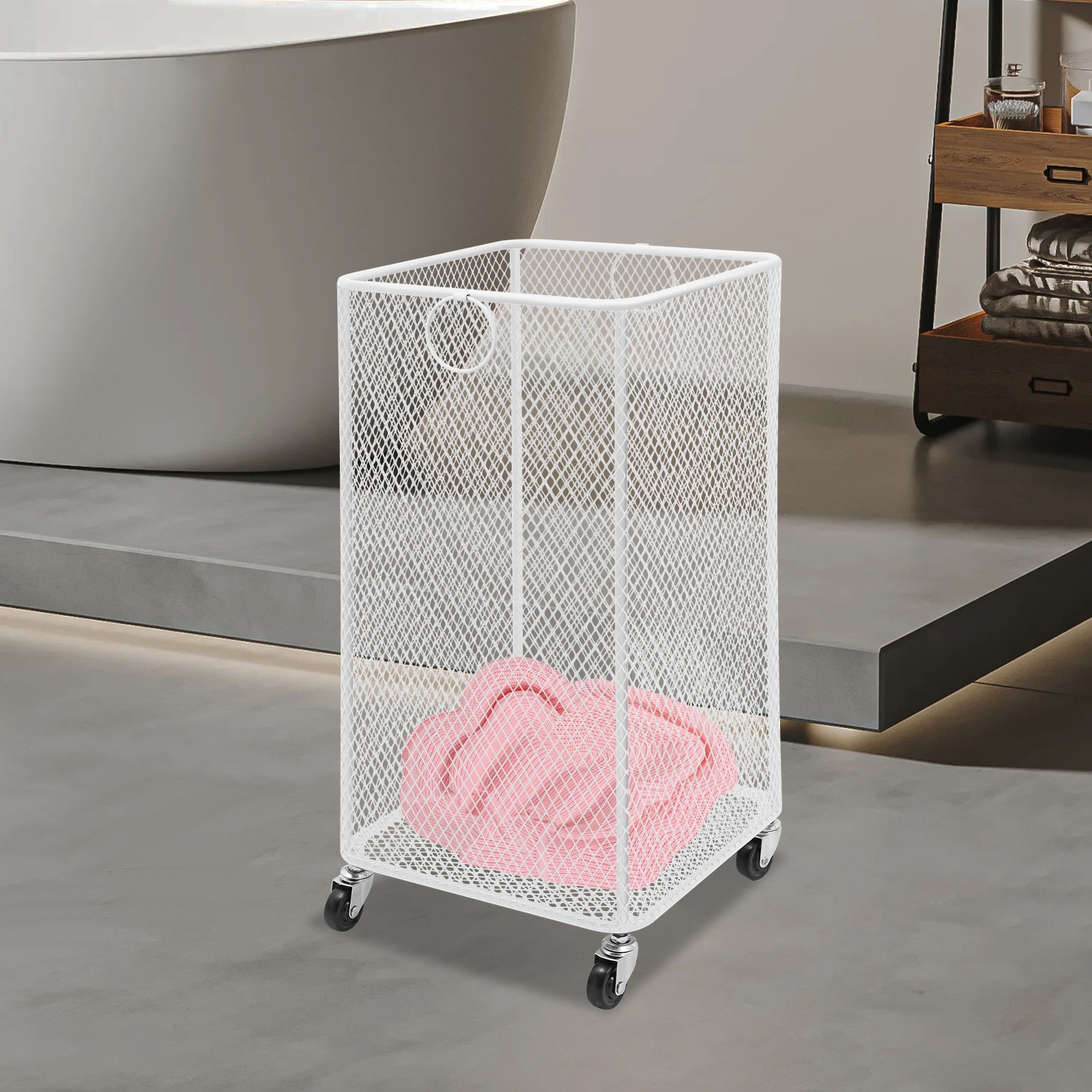 30*30*55cm Modern Laundry Basket with Wheel Rolling Laundry Basket Laundry Basket Cart Iron White