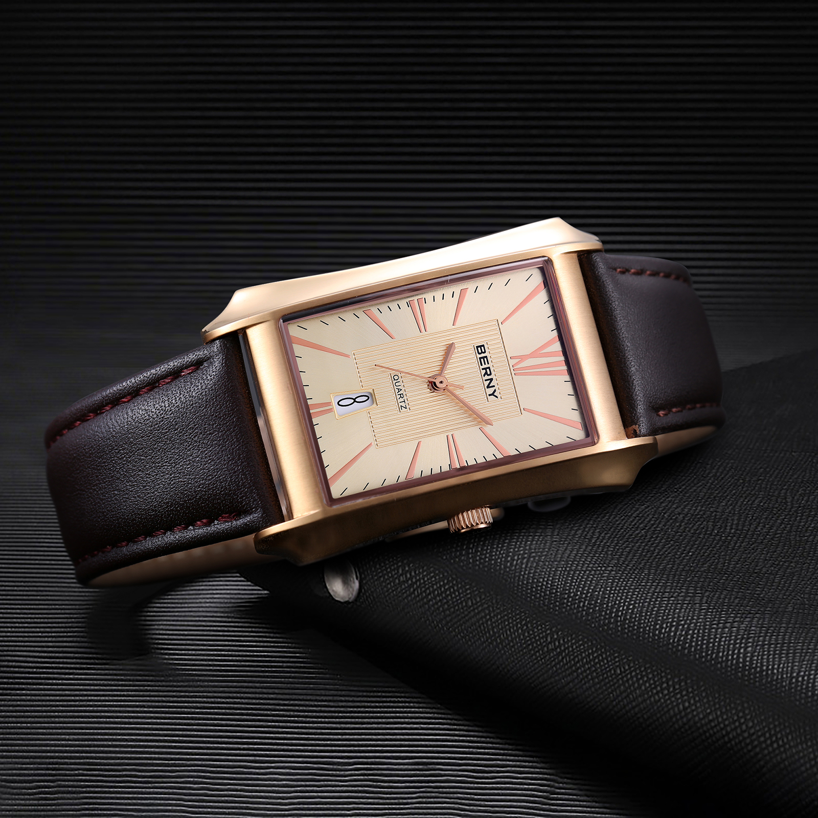 BERNY Men's Leather Watch, Vintage Stainless Steel Rectangular Case Roman Dial Dress Analog Watch with Date Calendar, Waterproof, Classic Business Quartz Wrist Watches for Men (Rose Gold)